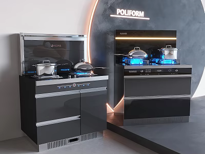 Poliform Modern Black Kitchen Appliances With Gas Stoves Blue Flames And Pots 3d model