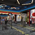 Modern Fitness Gym Interior With Treadmills Fitness Equipment Red Boxing Statue And Large Screens