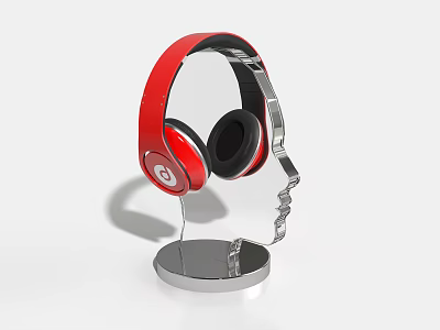 Red Over Ear Headphones on Silver Human Head Shaped Stand with Circular Base 3d model