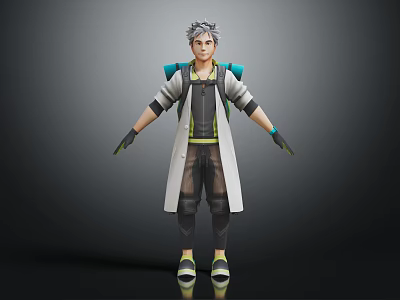 Stylish 3D Character With Gray Hair Long Coat Backpack Black Green Clothing Gloves And Sneakers 3d model