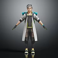 Stylish 3D Character With Gray Hair Long Coat Backpack Black Green Clothing Gloves And Sneakers