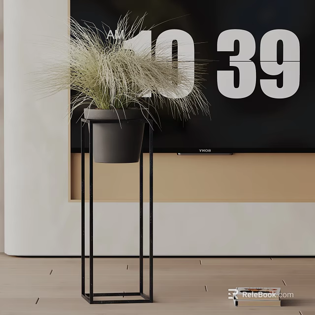 Modern Potted Bonsai Plant On Black Metal Stand With Slender Leaves And Wall Decor 3d model 