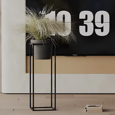 Modern Potted Bonsai Plant On Black Metal Stand With Slender Leaves And Wall Decor 3d model