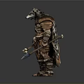 Muscular Man in Wolf Head Headdress and Leather Outfit with Bone Decorations Holding Spear