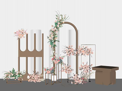 Wedding Decor Setup with Pink Floral Arrangements Golden Arch Geometric Stands and Green Plants 3d model
