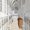 Ancient Gothic Architecture Interior With Arched Ceilings Stained Glass Windows Chandeliers And Wooden Benches Murals