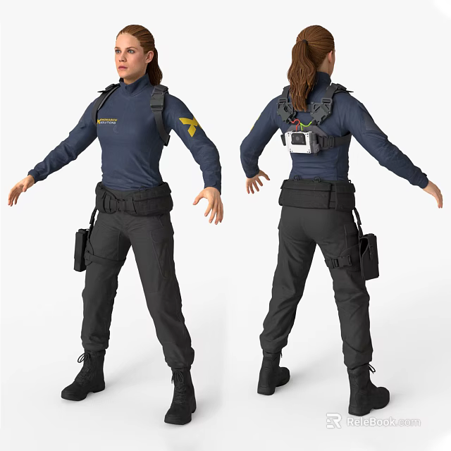 Woman in Navy Blue Top and Black Pants with Utility Belt and Back Device 3d model 