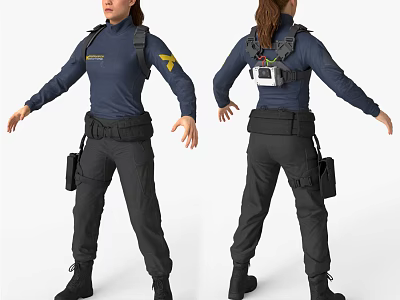 Woman in Navy Blue Top and Black Pants with Utility Belt and Back Device 3d model