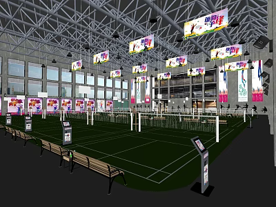 Indoor Sports Fitness Venue With Green Court Net Benches And Hanging Banners 3d model