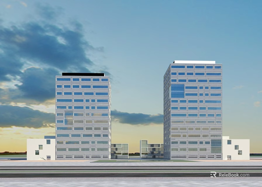 Modern Twin High Rise Office Buildings With Glass Facade And Blue Sky Clouds 3d model 
