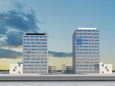 Modern Twin High Rise Office Buildings With Glass Facade And Blue Sky Clouds 3d model