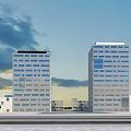 Modern Twin High Rise Office Buildings With Glass Facade And Blue Sky Clouds