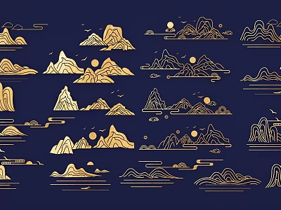 Chinese Style Wall Decor With Golden Line Landscape Mountains Sun And Clouds 3d model