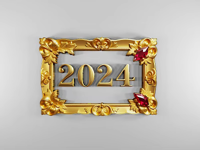 Ornate Golden Frame Featuring 2024 Number And Red Gemstone Accents 3d model