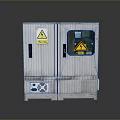 Computer Server Cabinet With Silver Metal Double Doors Glass Window Warning Signs And Bottom Fan