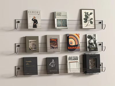 Metal Wall Mounted Shelves With Multiple Tiers Holding Books And Magazines On Light Colored Wall 3d model