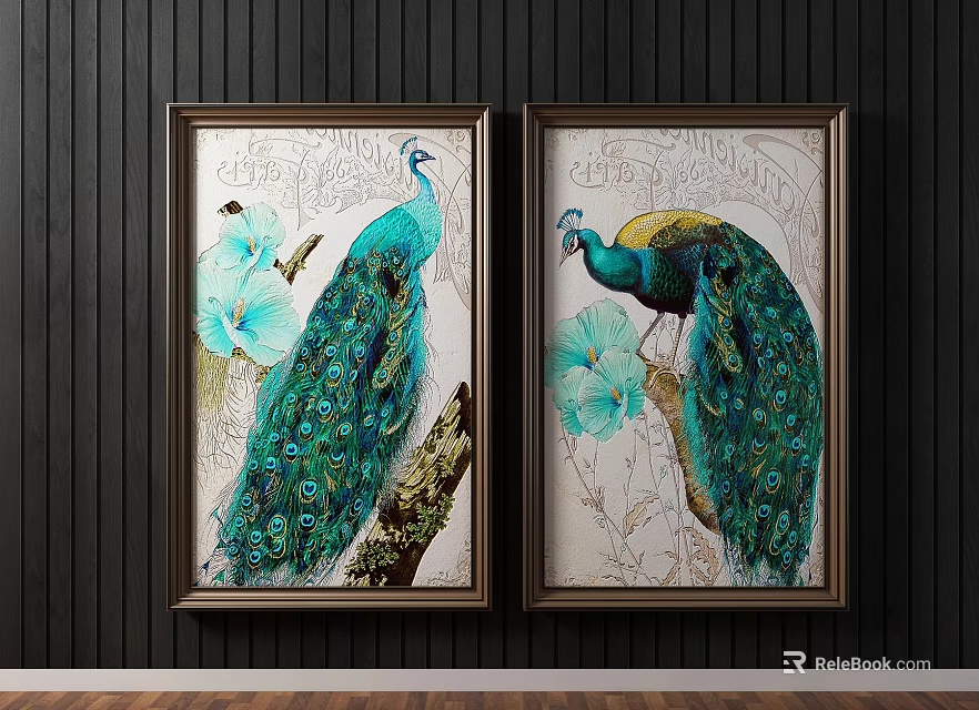 Framed Green Peacock Animal Paintings With Blue Flowers On Dark Wall 3d model 