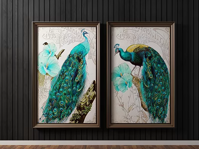 Framed Green Peacock Animal Paintings With Blue Flowers On Dark Wall 3d model