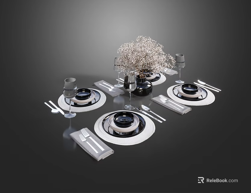 Elegant Tableware Set With Dinner Plates Silverware Wine Glasses And Centerpiece Decoration 3d model