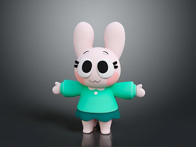 Cute Cartoon Rabbit with Big Black Eyes Pink Ears Green Shirt Skirt and Open Arms 3d model