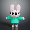 Cute Cartoon Rabbit with Big Black Eyes Pink Ears Green Shirt Skirt and Open Arms