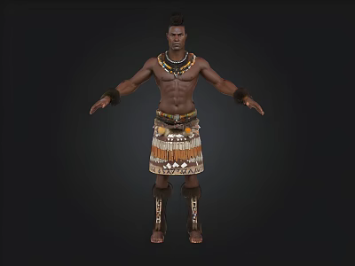 African Man In Traditional Costume With Decorative Necklace And Patterned Skirt On Black Background 3d model