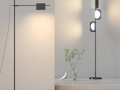 Modern Floor Lamp With Warm Light Projection And Small Plant In Glass Vase 3d model