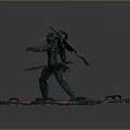 Armored Cyborg Warrior With Glowing Red Swords On Platform With Red Markers