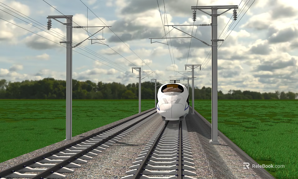 High Speed Train Moving Along Railway Tracks With Electric Poles Overhead Wires And Green Fields 3d model 
