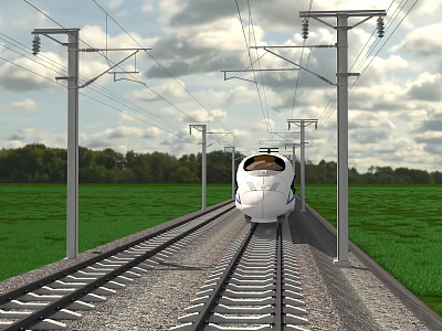 High Speed Train Moving Along Railway Tracks With Electric Poles Overhead Wires And Green Fields 3d model