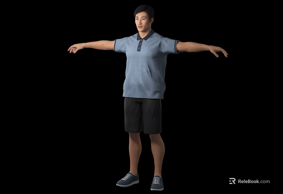 Man in blue polo shirt black shorts sports shoes with arms outstretched against black background 3d model 
