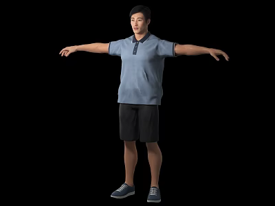 Man in blue polo shirt black shorts sports shoes with arms outstretched against black background 3d model