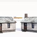 Two Small Wooden Cabins With White Walls Rusty Roofs Brown Doors Wooden Steps And Chimney