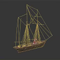 Wooden Ship Model Display with Intricate Masts Rigging on Dark Reflective Surface