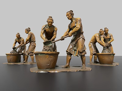 Traditional Bronze Landscape Sculptures Depicting Laboring Figures With Various Actions 3d model