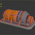 Orange And Silver Cylindrical Industrial Equipment With Green Support Frame On Metallic Platform Shiny Surface