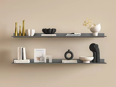 Modern Minimalist Black Wall Shelving Unit With Decorative Vases Books Sculpture Ceramic Bowls And Dried Flowers 3d model