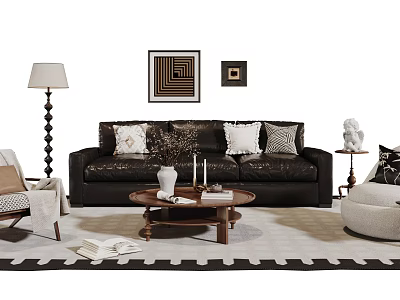 Modern Leather Sofa Coffee Table Set With Pillows Floor Lamp And Wall Art 3d model