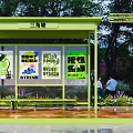 Green Bus Shelter With Colorful Advertisement Boards Trees And People Waiting