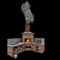 Rustic Brick Outdoor Kitchen With Fireplace Sink And Stacked Firewood