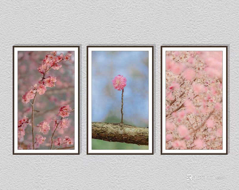 Botanical Paintings Three Framed Pink Flower Branch Artworks on Gray Wall 3d model 