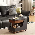 Dark Wood Side Table With Open Storage Shelf Books Mug Tray And Sofa In Living Room