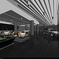 Modern Car Showroom Display With Luxury Cars Glass Walls Hanging Lights And Shiny Floors