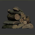 Stacked Natural Wood Logs With Green Mossy Bark And Smooth Cross Sections