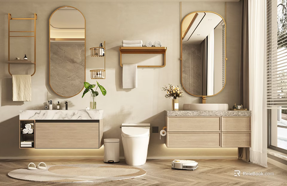 Modern Bathroom Interior With Double Vanity Gold Framed Mirrors Marble Countertops And Wall Mounted Shelves 3d model 