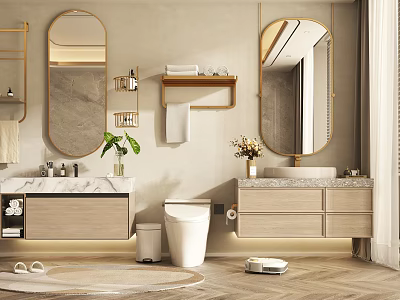 Modern Bathroom Interior With Double Vanity Gold Framed Mirrors Marble Countertops And Wall Mounted Shelves 3d model