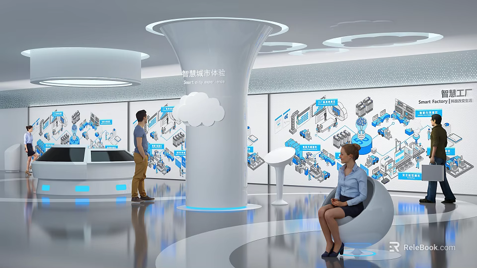 Cultural Center Smart Building Experience Zone Featuring Exhibition Walls Architectural Diagrams And Interactive Displays 3d model 
