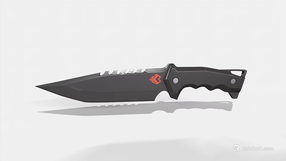 Tactical Black Knife With Serrated Blade Textured Handle And Red Logo Design 3d model 