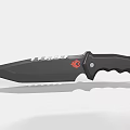 Tactical Black Knife With Serrated Blade Textured Handle And Red Logo Design