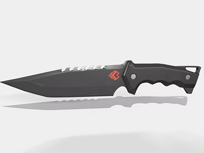 Tactical Black Knife With Serrated Blade Textured Handle And Red Logo Design 3d model